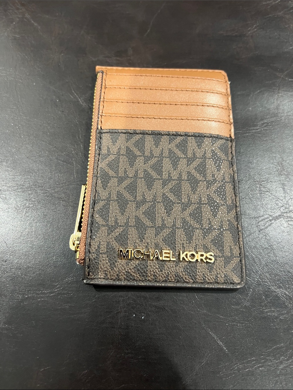 Michael Kors Brown & Tan Monogram Card Case with Zip